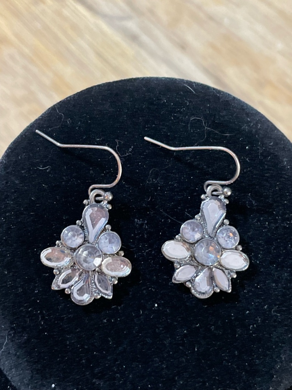 Floral crystal silver tone earrings French wire 1x1 inch appx dangle rhinestones - Picture 3 of 6